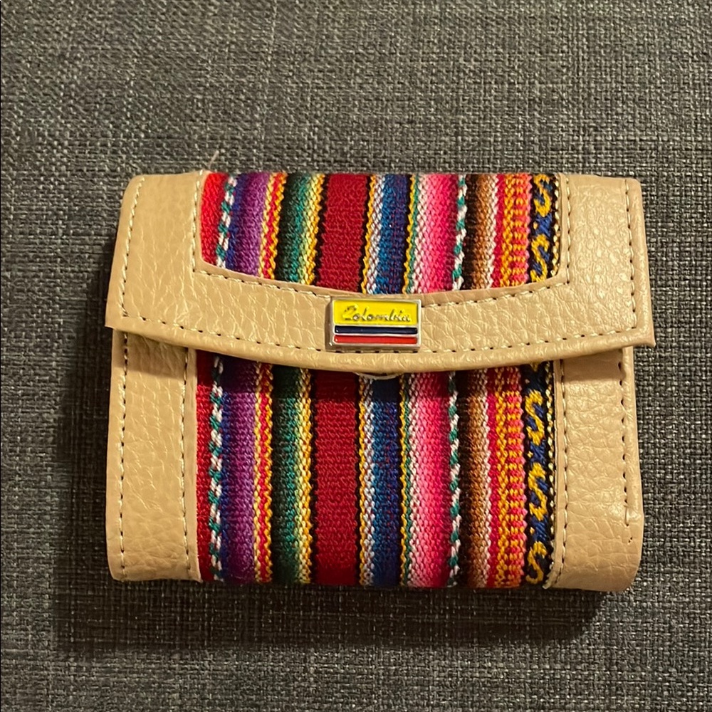 Cream Wallet with Colorful Striped Panel and Flap Closure